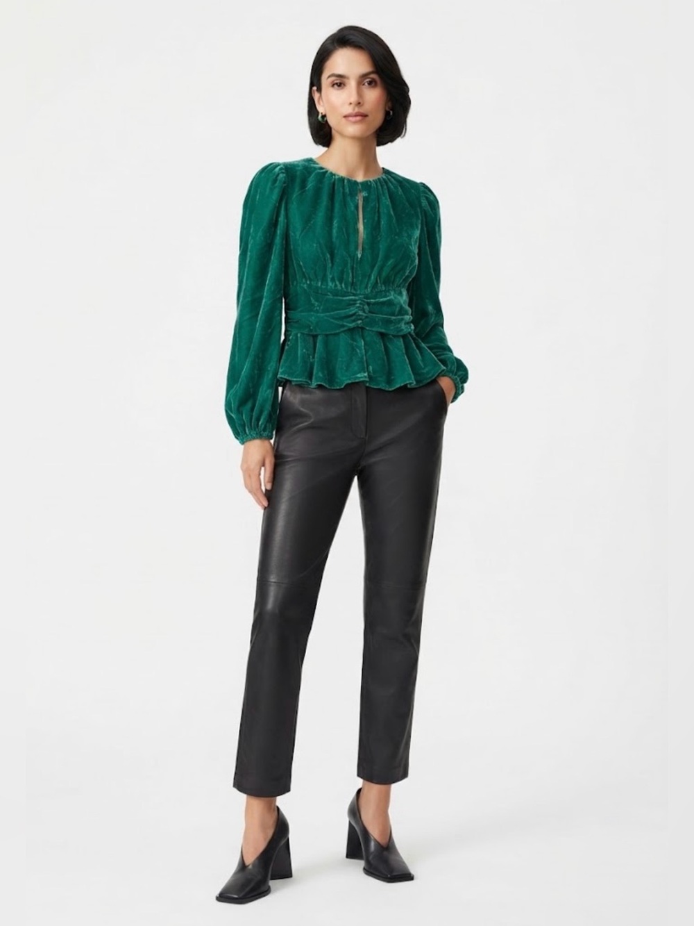 NWT RHODE Emerald Green Velvet Long Sleeve Peplum Top Size 8